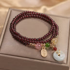 Fortune Jewel Natural Garnet Strawberry Quartz Crystal Fox Koi Fish Peace Buckle Fortune Protection Triple Wrap Bracelet