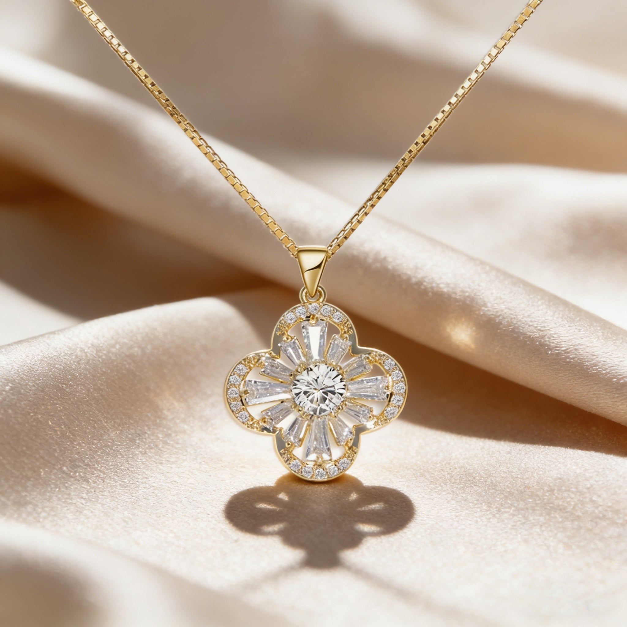 925 Sterling Silver CZ Four Leaf Clover Necklace – White Gold Color Collarbone Chain for Women