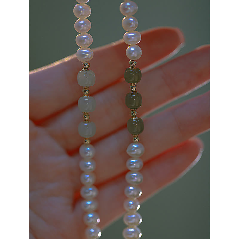 Fortune Jewel 14K Gold Plated Natural Pearl Hetian Cyan Jade White Jade Sincerity Bead Chain Bracelet