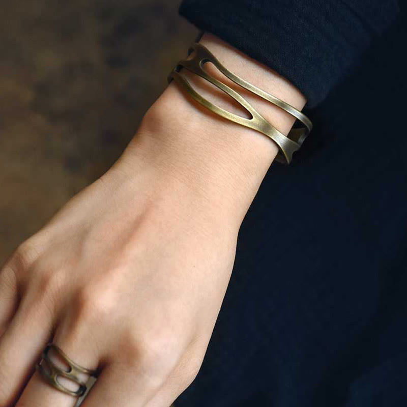Fortune Jewel Vintage Curved Copper Brass Wealth Adjustable Cuff Bracelet Bangle
