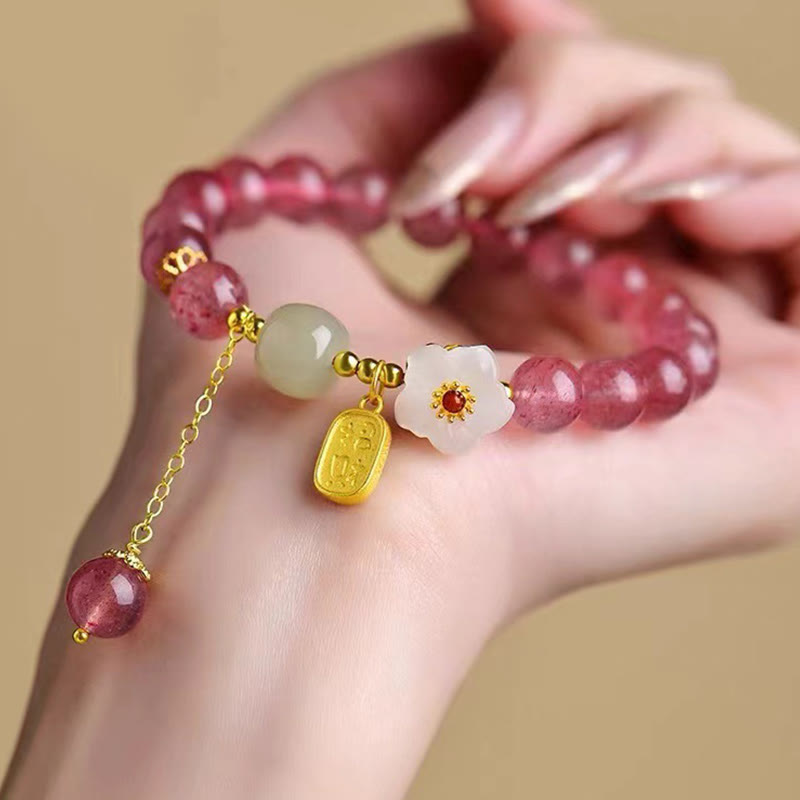Fortune Jewel Strawberry Quartz Fu Character Pink Crystal Healing Bracelet