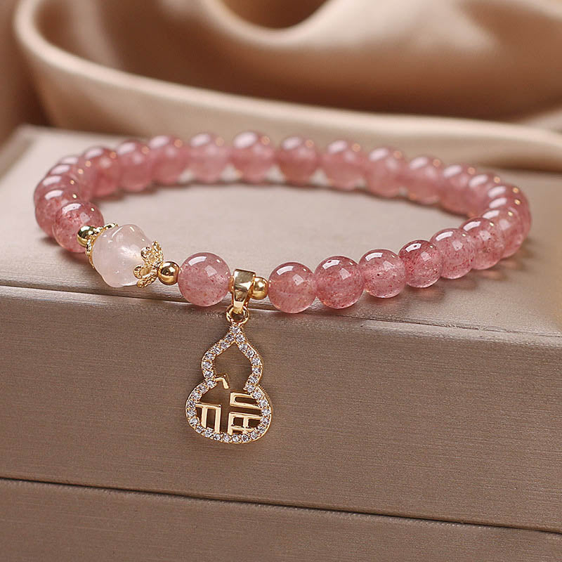 Fortune Jewel Strawberry Quartz Gourd Fu Character Charm Positive Bracelet