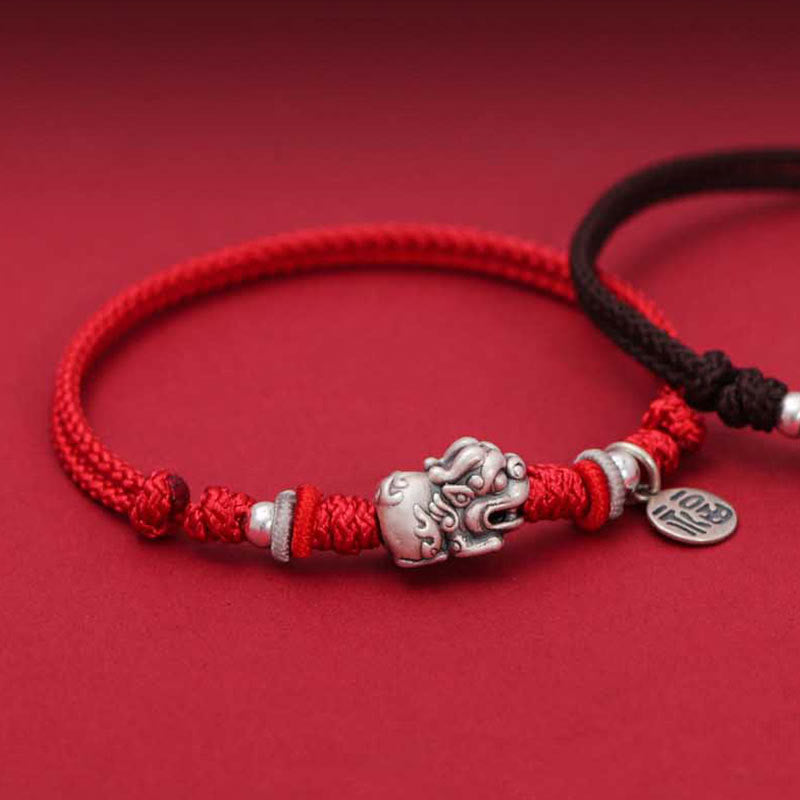 Fortune Jewel 925 Sterling Silver PiXiu Fu Character Wealth Luck Handmade Braided Bracelet
