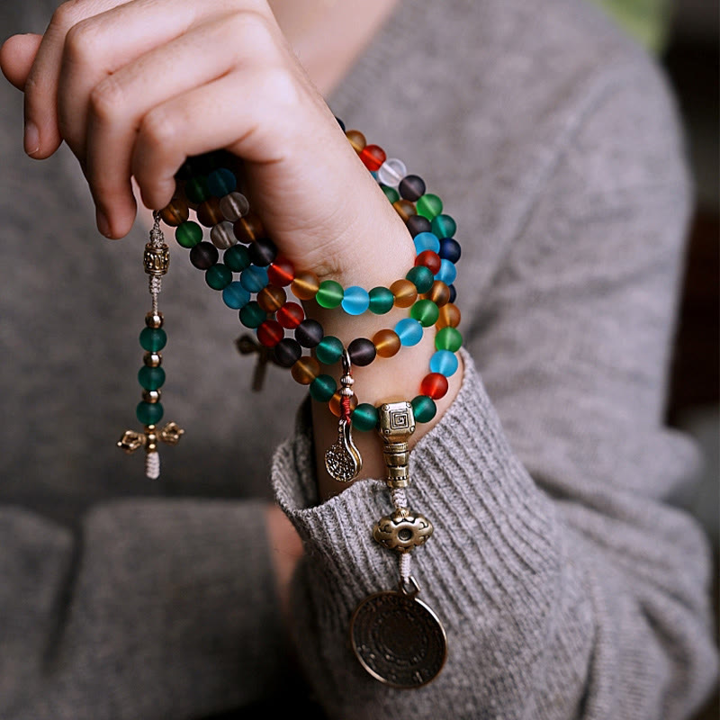 Fortune Jewel Tibetan 108 Mala Beads Multicolored Liuli Glass Bead Chinese Zodiac Nine Palaces Eight Diagrams Charm Bracelet