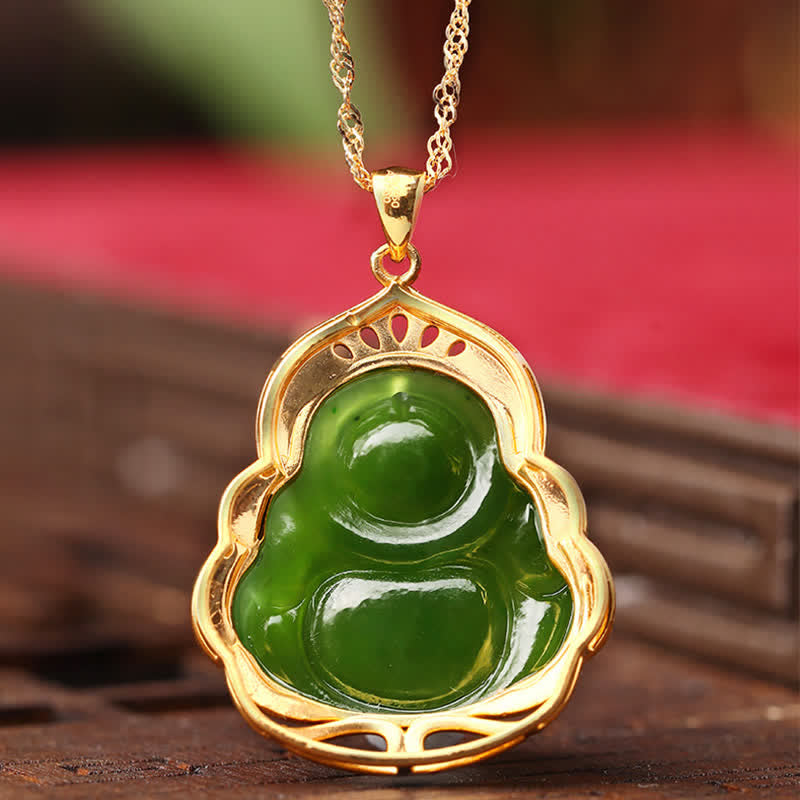 Fortune Jewel 925 Sterling Silver Natural Hetian Cyan Jade Laughing Buddha 18K Gold Healing Necklace Chain Pendant Fortune Jewel