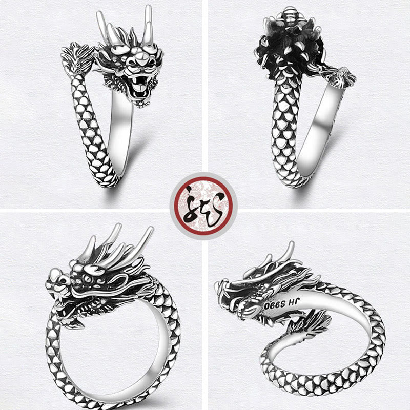 Fortune Jewel 990 Sterling Silver Vintage Dragon Design Luck Protection Strength Adjustable Ring