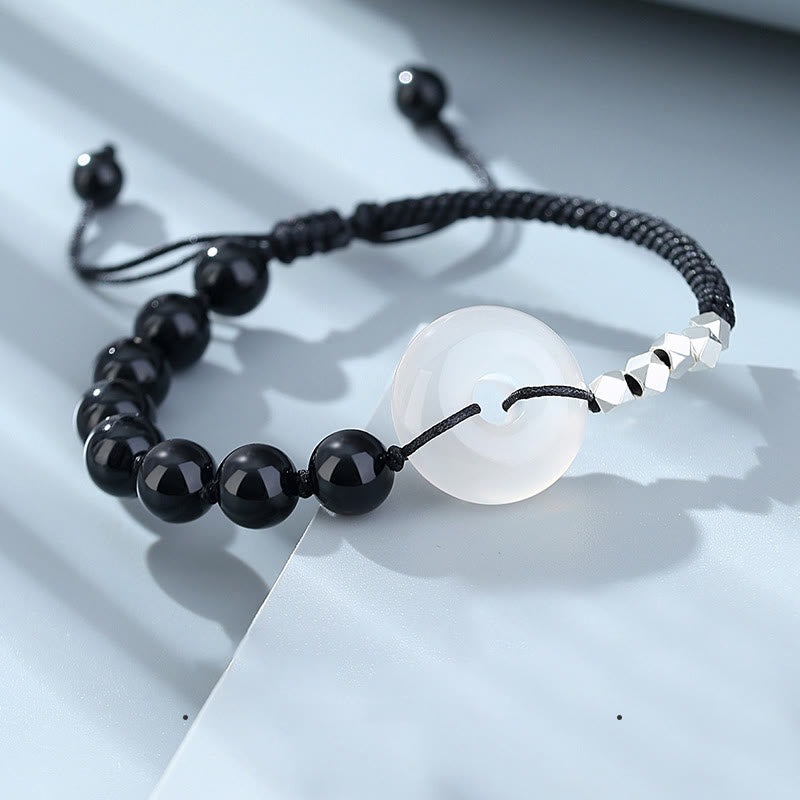 Fortune Jewel 925 Sterling Silver Black Obsidian Agate Peace Buckle Strength Bracelet