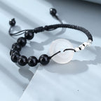 Fortune Jewel 925 Sterling Silver Black Obsidian Agate Peace Buckle Strength Bracelet