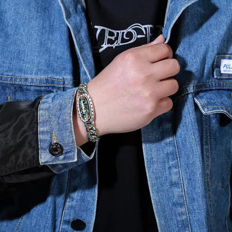 Fortune Jewel Tibetan Nine-Eye Dzi Bead Om Mani Padme Hum Turquoise Protection Rotatable Bracelet