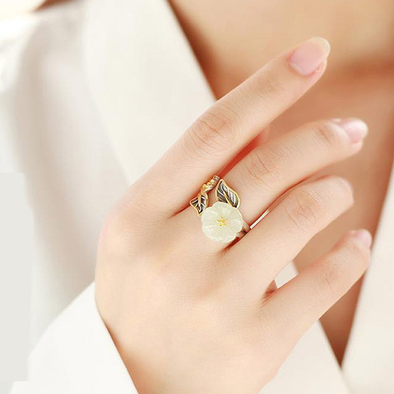 Fortune Jewel 925 Silver Plated Copper White Jade Plum Flower Leaf Luck Ring