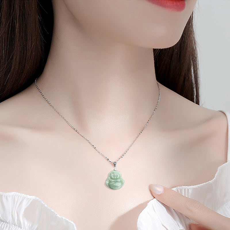 Fortune Jewel Laughing Buddha Jade Blessing Titanium Steel Chain Necklace Pendant Fortune Jewel