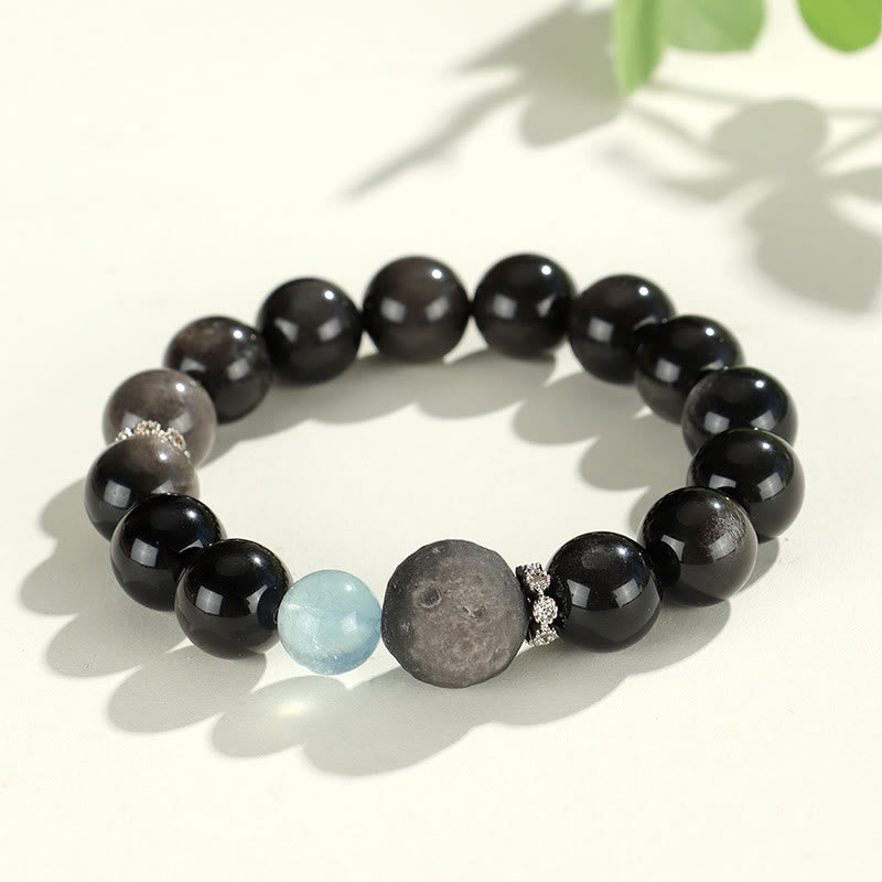 Fortune Jewel Natural Silver Sheen Obsidian Cat Head Fox Planet Protection Bracelet