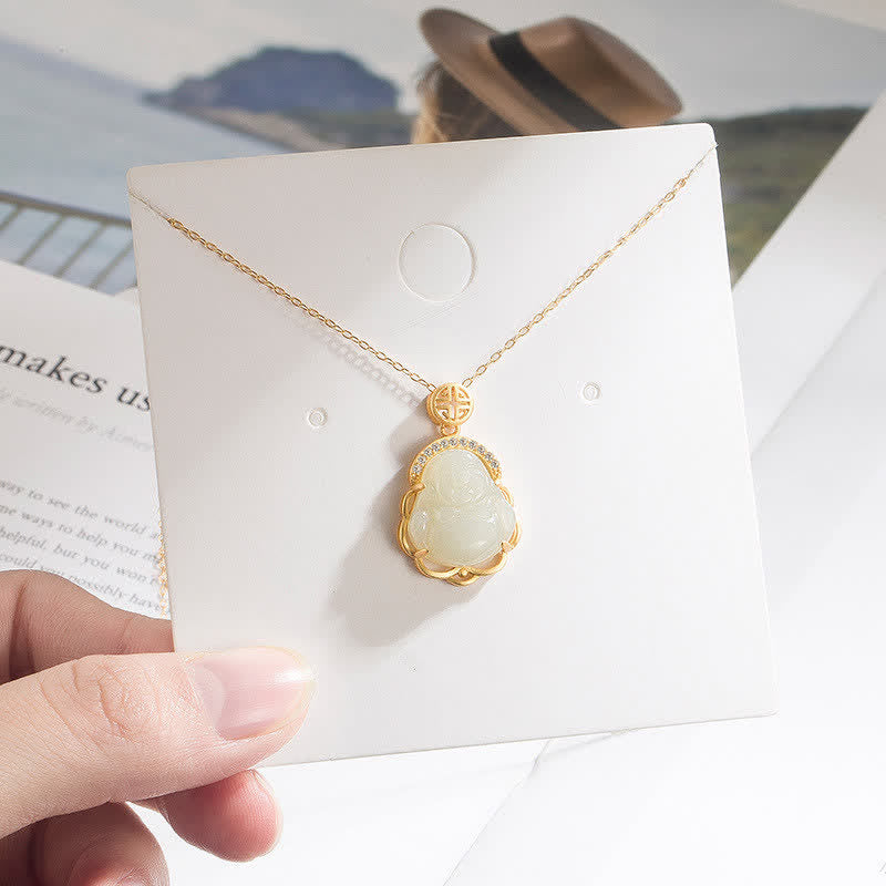 Fortune Jewel 925 Sterling Silver Laughing Buddha Hetian White Jade Protection Necklace Pendant Fortune Jewel