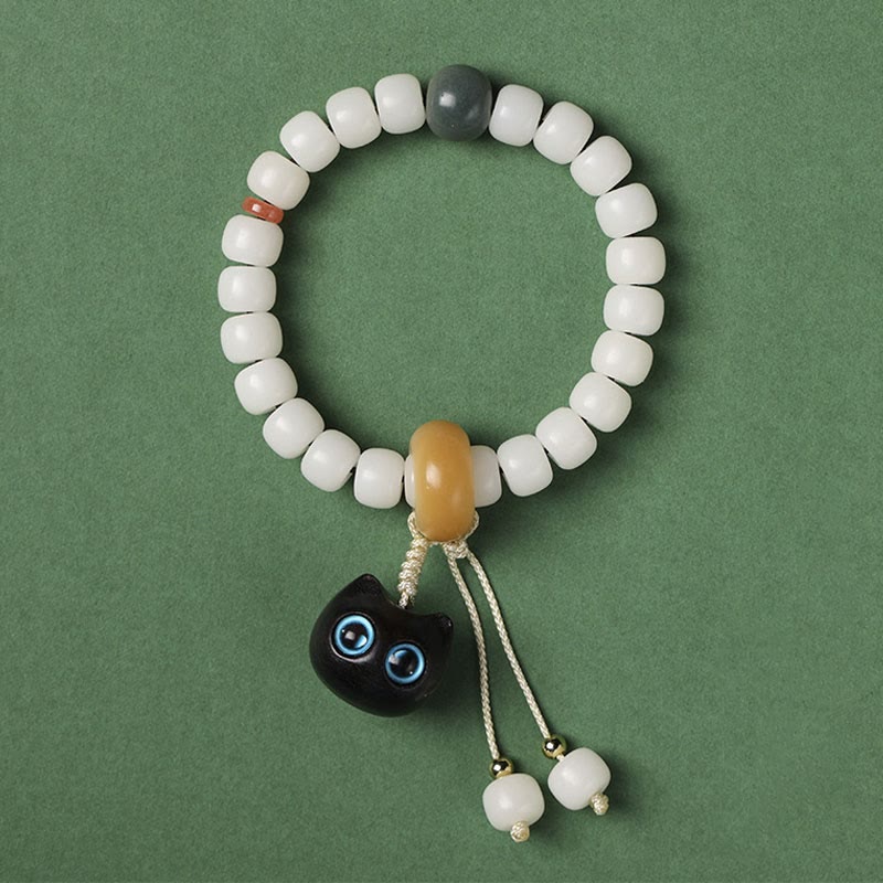 Fortune Jewel Natural Bodhi Seed African Blackwood Lovely Cat Charm Peace Harmony Bracelet