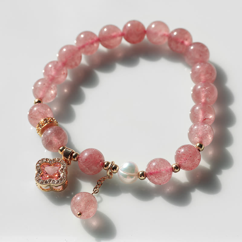 Fortune Jewel Strawberry Quartz Pearl Four Leaf Clover Charm Healing Bracelet