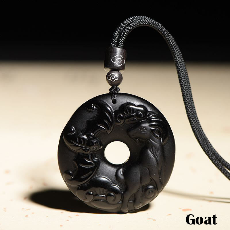 Fortune Jewel Chinese Zodiac Natural Black Obsidian Peace Buckle Strength Necklace Pendant