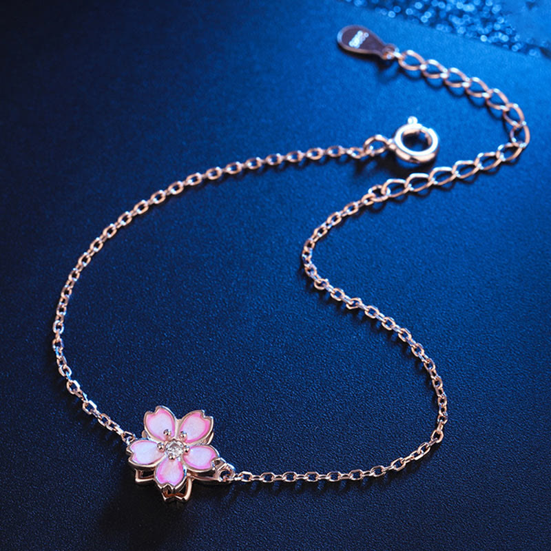 Fortune Jewel 925 Sterling Silver Cherry Blossom Blessing Chain Bracelet Rotatable Ring