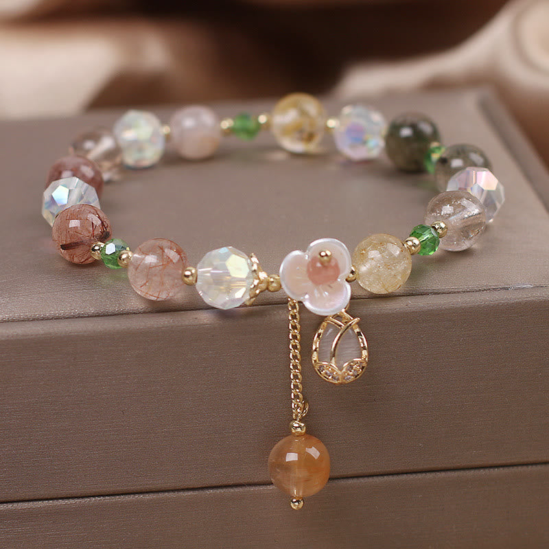 Fortune Jewel Strawberry Quartz Rutilated Quartz Fluorite Flower Healing Bracelet