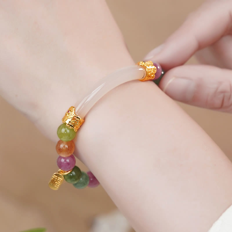 Fortune Jewel Colorful Tourmaline Chalcedony Positive Fu Character Charm Bracelet