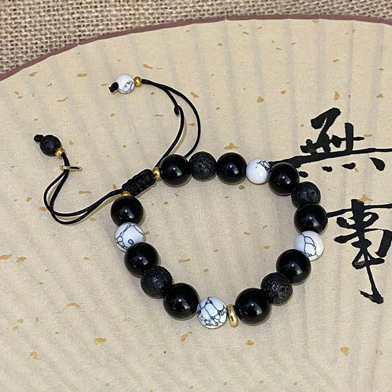Fortune Jewel Black Obsidian Lava Rock Stone Yin Yang Strength Bracelet