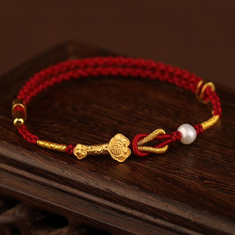 Fortune Jewel 24K Gold Wish Ruyi Handle Fu Character Rabbit Pearl Luck Braided Bracelet
