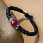 Fortune Jewel 925 Sterling Silver Natural Cinnabar Bead Calm Handmade Braided String Bracelet