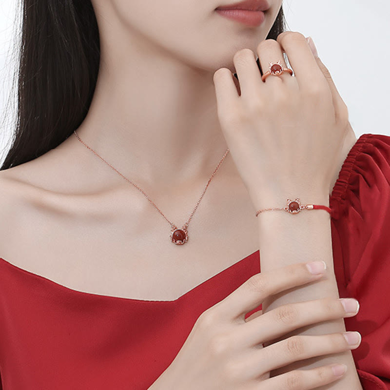 Fortune Jewel 925 Sterling Silver Year of the Dragon Cinnabar Red Agate Dragon Protection Bracelet Necklace Pendant Earrings Ring