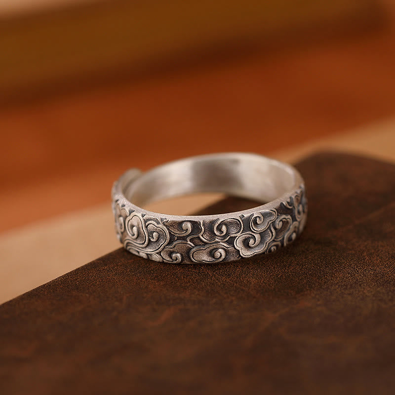 Fortune Jewel 999 Sterling Silver Lotus Flower Plum Blossom Auspicious Clouds Engraved Enlightenment Ring Fortune Jewel