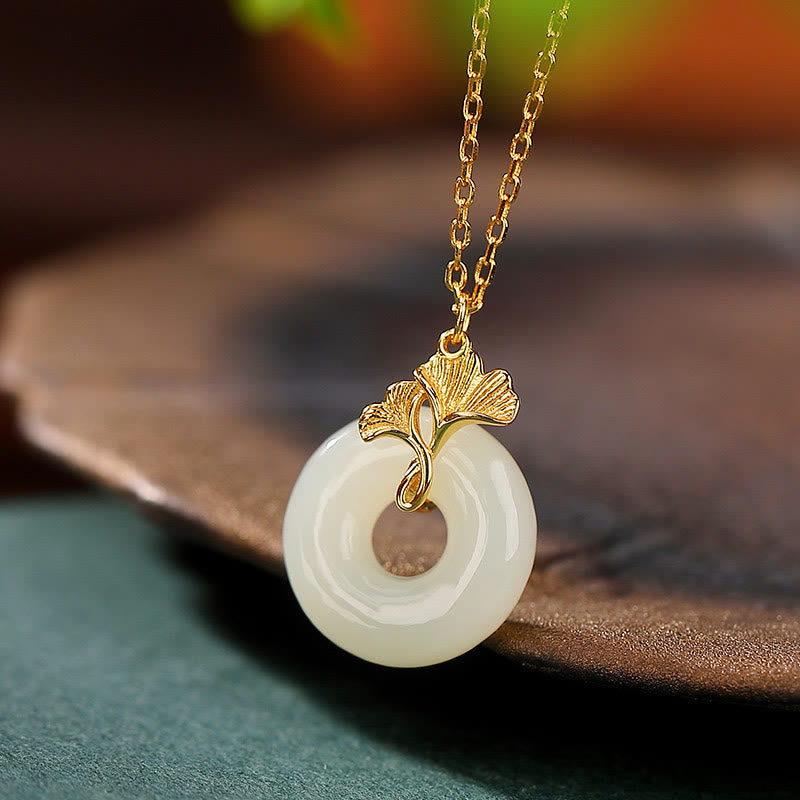 Fortune Jewel 925 Sterling Silver Natural Hetian Jade Ginkgo Leaf Peace Buckle Luck Necklace Pendant
