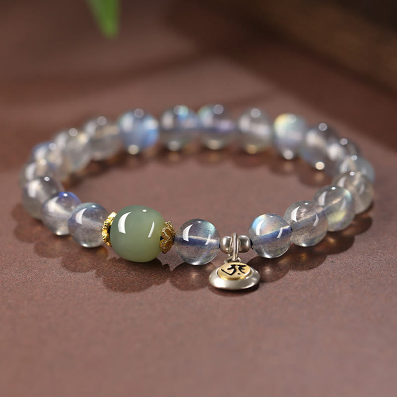Fortune Jewel Chinese Zodiac Natal Buddha 925 Sterling Silver Natural Moonstone Hetian Jade Positive Bracelet