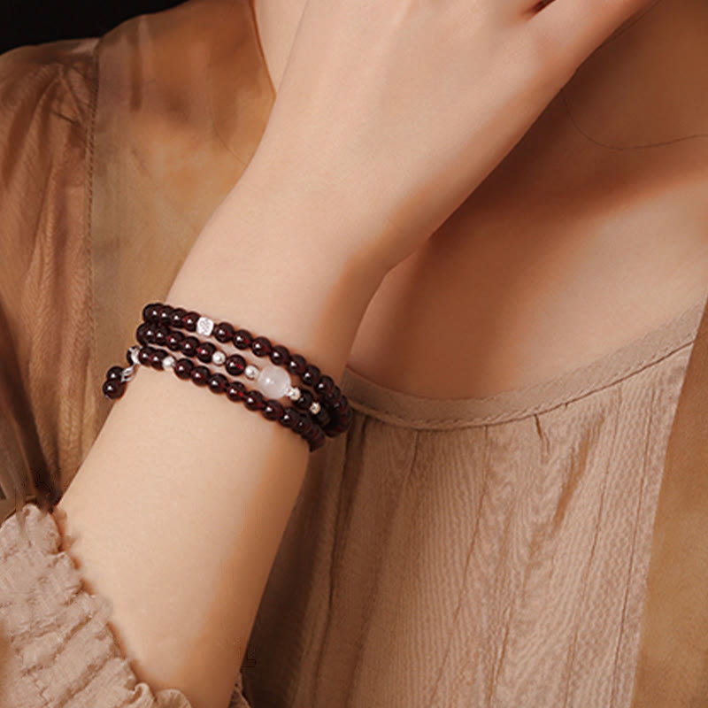 Fortune Jewel 925 Sterling Silver Natural Garnet Cat Eye Protection Triple Wrap Bracelet