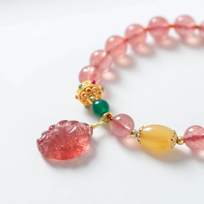 Fortune Jewel Natural Strawberry Quartz Nine Tailed Fox Healing Bracelet
