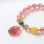 Fortune Jewel Natural Strawberry Quartz Nine Tailed Fox Healing Bracelet