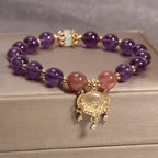 Fortune Jewel Natural Amethyst Strawberry Quartz Cat Eye Chinese Lock Charm Healing Bracelet