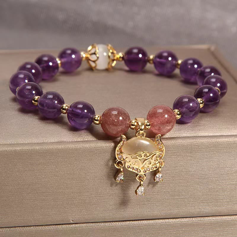 Fortune Jewel Natural Amethyst Strawberry Quartz Cat Eye Chinese Lock Charm Healing Bracelet