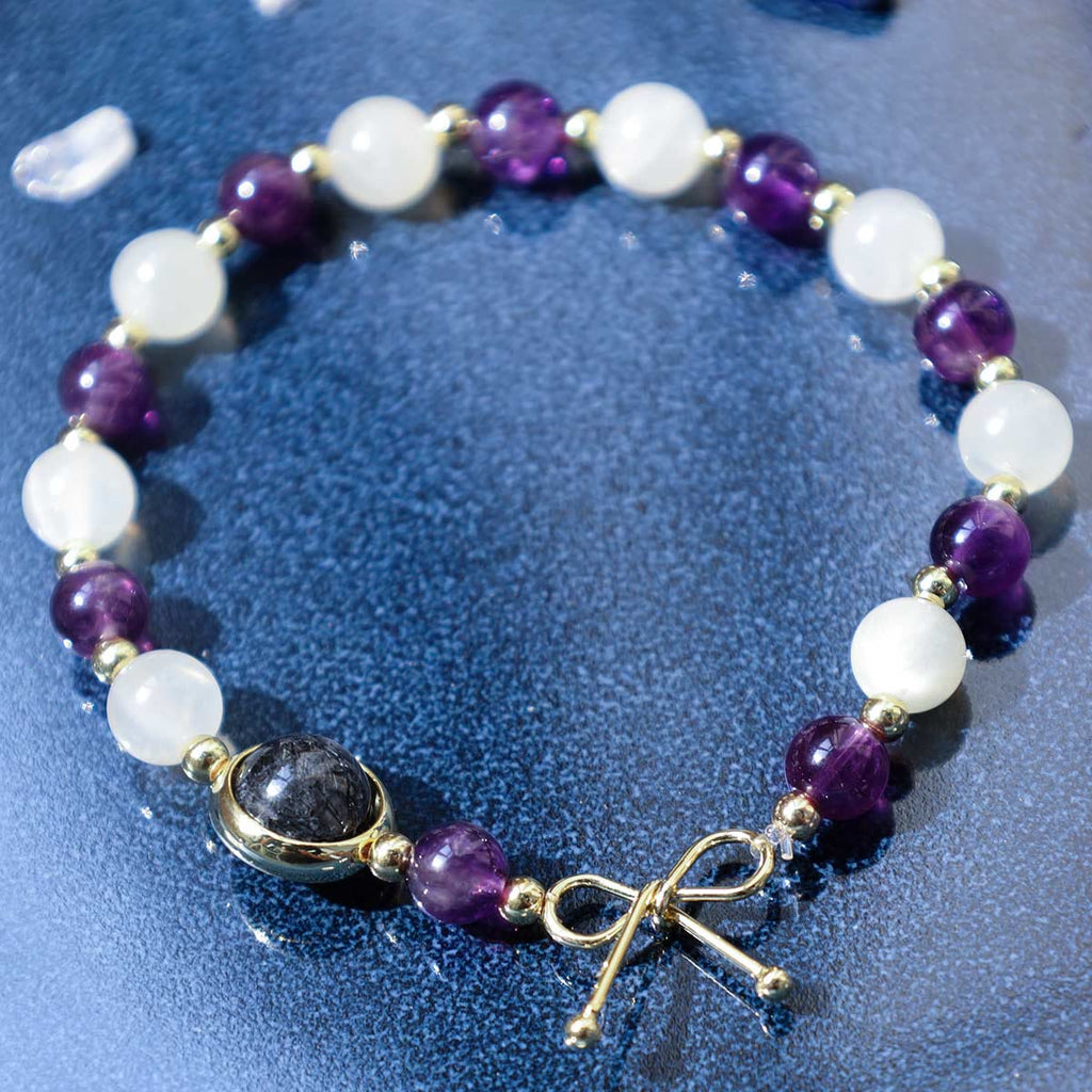 Fortune Jewel Amethyst Cat Eye Black Rutilated Quartz Spiritual Bead Bracelet
