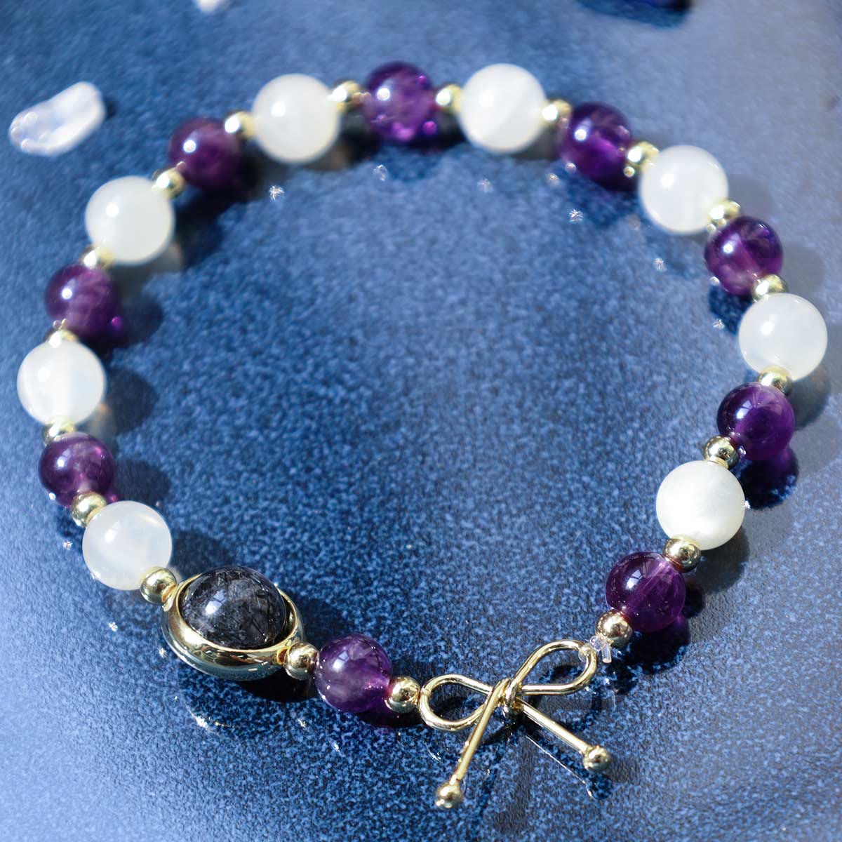 Fortune Jewel Amethyst Cat Eye Black Rutilated Quartz Spiritual Bead Bracelet