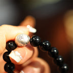 Fortune Jewel 925 Sterling Silver Black Onyx Bead Character Engraved Protection Bracelet