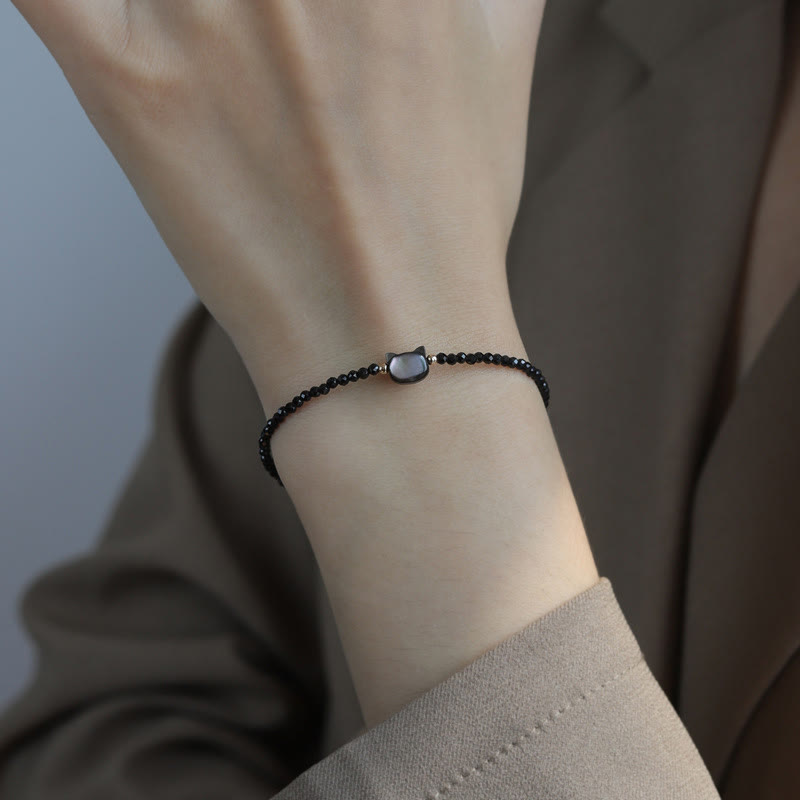 Fortune Jewel 14K Gold Plated Black Spinel White Crystal Cute Cat Tridacna Stone Healing Bracelet