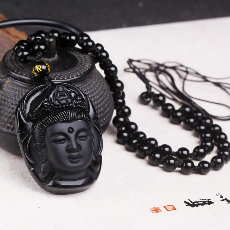 Fortune Jewel Natural Black Obsidian Kwan Yin Avalokitesvara Strength String Necklace Pendant