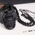 Fortune Jewel Natural Black Obsidian Kwan Yin Avalokitesvara Strength String Necklace Pendant
