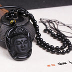 Fortune Jewel Natural Black Obsidian Kwan Yin Avalokitesvara Strength String Necklace Pendant