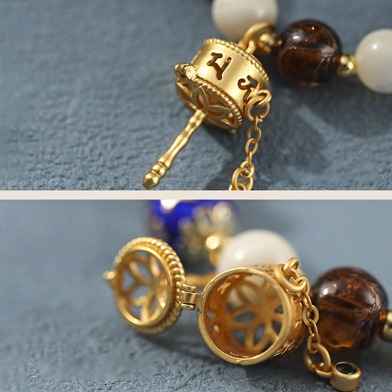 Fortune Jewel Tibetan Incense Ash Liuli Glass Tridacna Stone Sun Stone Om Mani Padme Hum Prayer Wheel Charm Bracelet