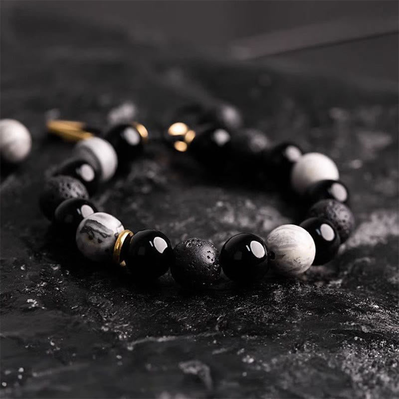 Fortune Jewel Black Obsidian Lava Rock Stone Yin Yang Strength Bracelet