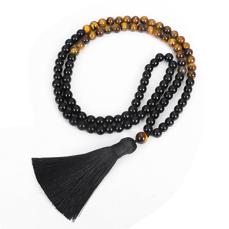 Fortune Jewel Tibetan Black Onyx Tiger Eye Protection Necklace Mala Set