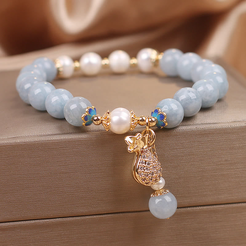 Fortune Jewel Aquamarine Pearl Fortune Money Bag Charm Bracelet