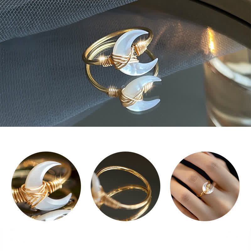 Fortune Jewel Natural Tridacna Stone Moon 14K Gold Blessing Ring - Fortune Jewel