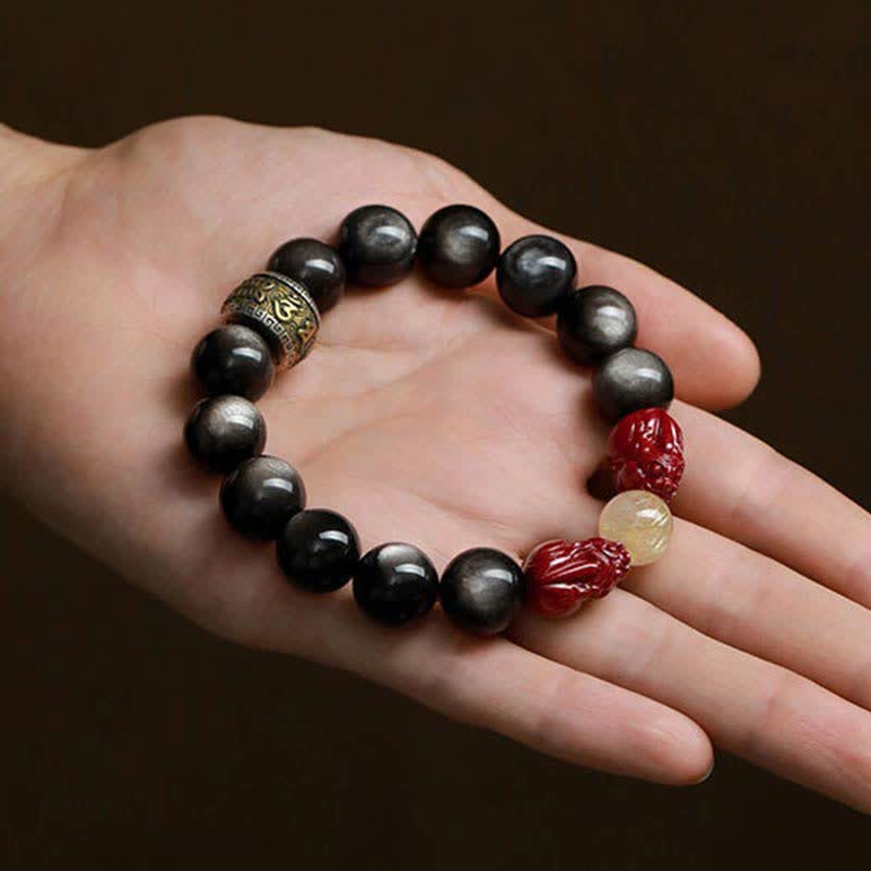 Fortune Jewel Gold Sheen Obsidian PiXiu Cinnabar Om Mani Padme Hum Protection Bracelet