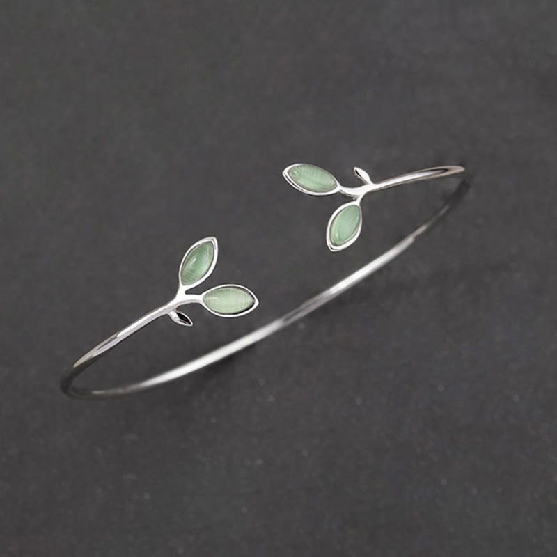 Fortune Jewel Leaf Pattern Cat Eye Support Cuff Bracelet Bangle