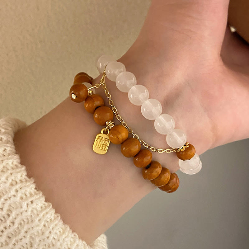 Fortune Jewel Sandalwood Cat's Eye Fu Character Charm Protection Bracelet